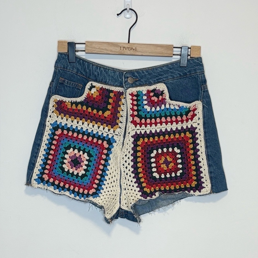 FARM Rio Denim Jean Shorts with Multicolor Crochet Panels